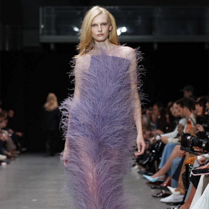 Fevvers' proof-of-concept debut: a plant-based feather alternative adorning a corseted evening gown at Stella McCartney SS26.