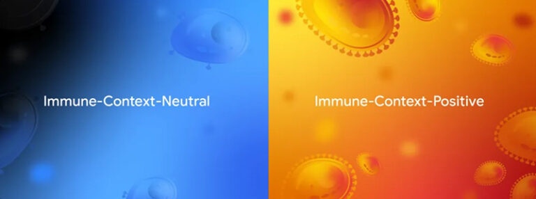 A comparative visualization of distinct immune microenvironments. The cool blue tones represent immune-context-neutral states, while warm orange-red tones illustrate immune-context-positive environments with active immune cell presence and signaling. This framework helps Cell2Sentence Scale 27B understand and predict therapeutic responses across different immune landscapes.