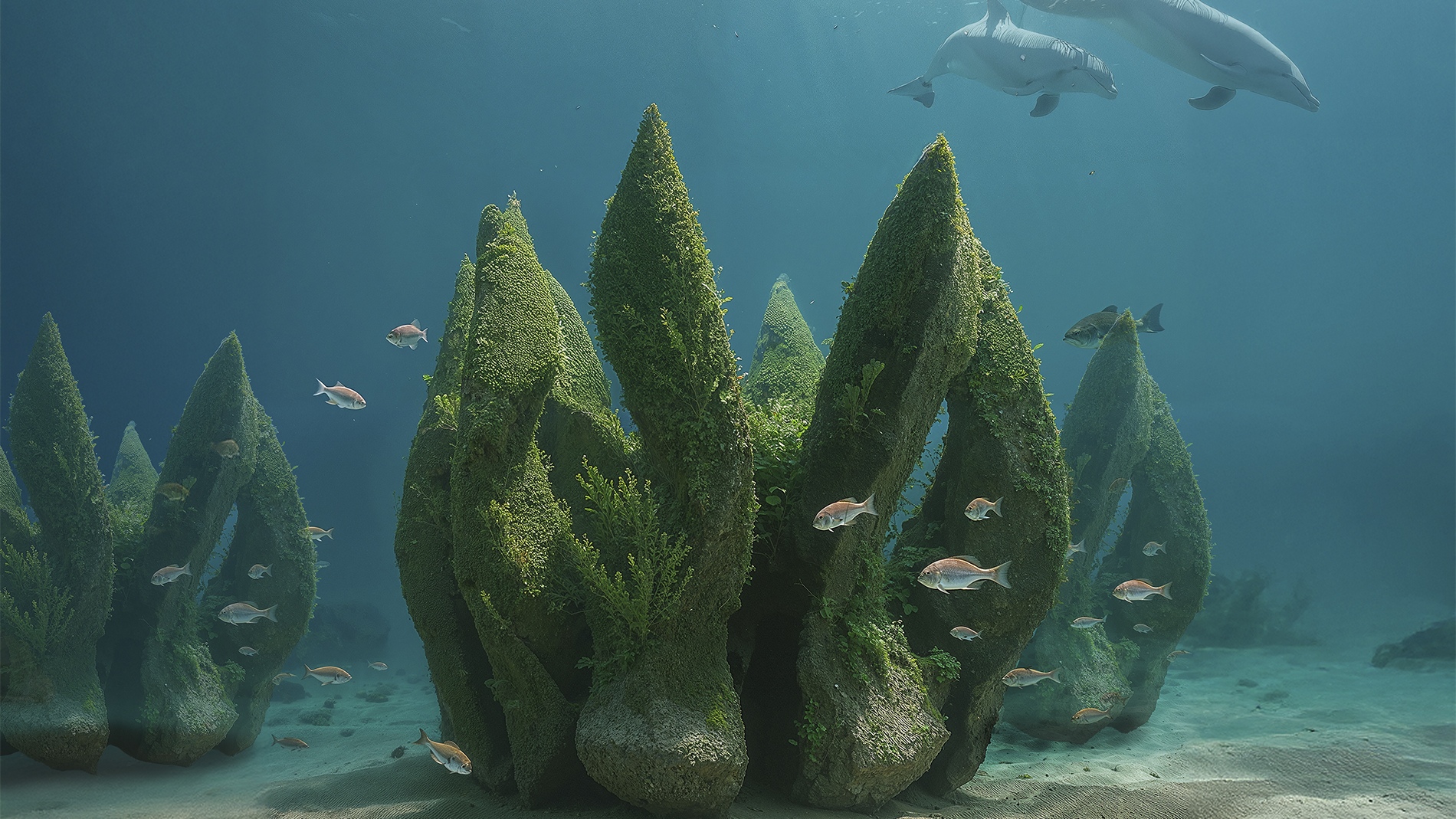 Rendering of the Nereid artificial reef system showing its computational design and porous structure.