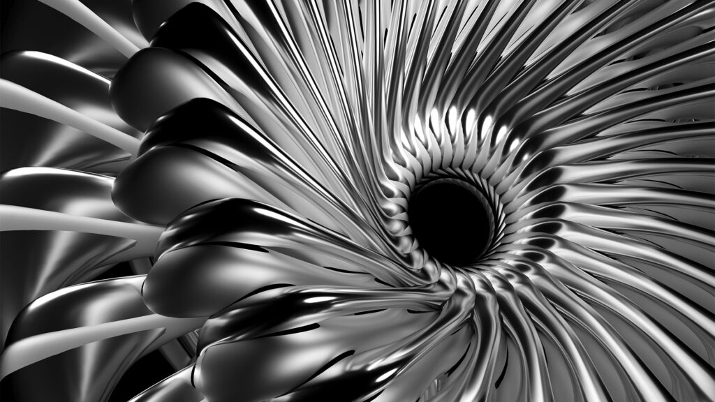 © Adobe Stock / ID 412938014 — 3D render of metallic fractal spiral with turbine-like geometry.