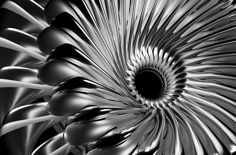 © Adobe Stock / ID 412938014 — 3D render of metallic fractal spiral with turbine-like geometry.