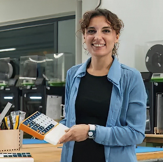Designer Alessandra Galli with OnCue prototypes in her lab at TU Delft, where she developed the award-winning therapeutic device.