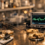 Bioluminescent mycelial networks demonstrating computational activity. The glowing nodes represent information processing occurring within biological substrates, challenging traditional assumptions about the material basis of computing.