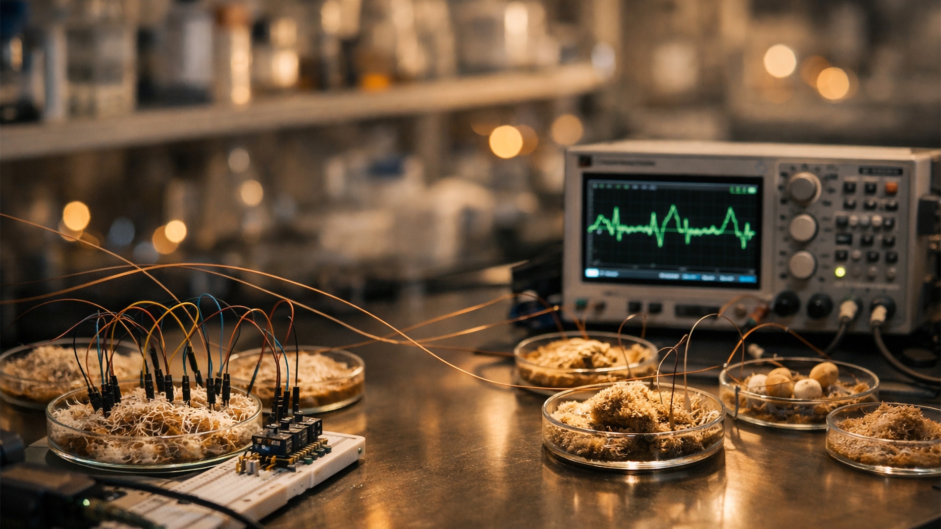 Bioluminescent mycelial networks demonstrating computational activity. The glowing nodes represent information processing occurring within biological substrates, challenging traditional assumptions about the material basis of computing.