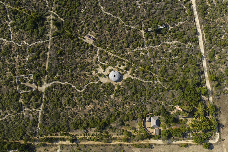 The Mushroom Pavilion within the coastal landscape of Fundación Casa Wabi
