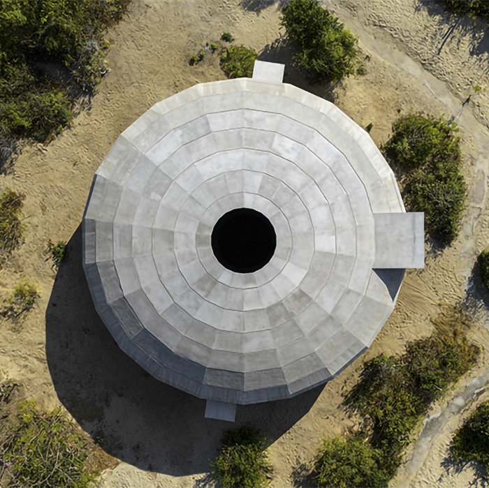 Aerial view of the Mushroom Pavilion roof with circular oculus at Casa Wabi