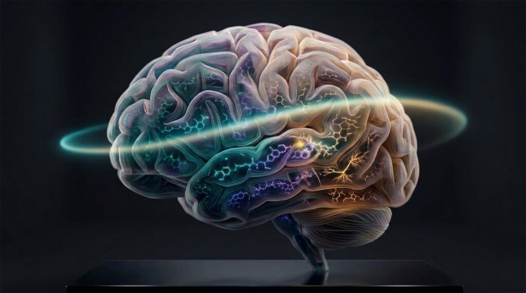 Light orbits a brain made transparent, and what it finds inside is not darkness but chemistry. Each region glowing in its own frequency, each molecule leaving its signature in the color of scattered light.