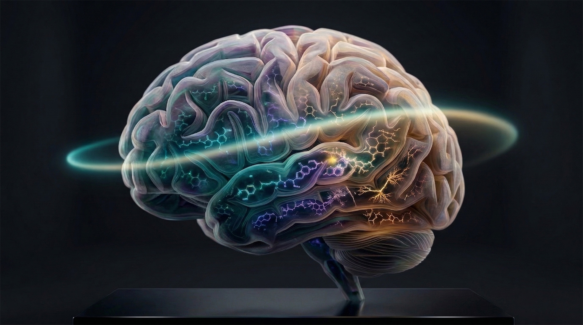 Light orbits a brain made transparent, and what it finds inside is not darkness but chemistry. Each region glowing in its own frequency, each molecule leaving its signature in the color of scattered light.