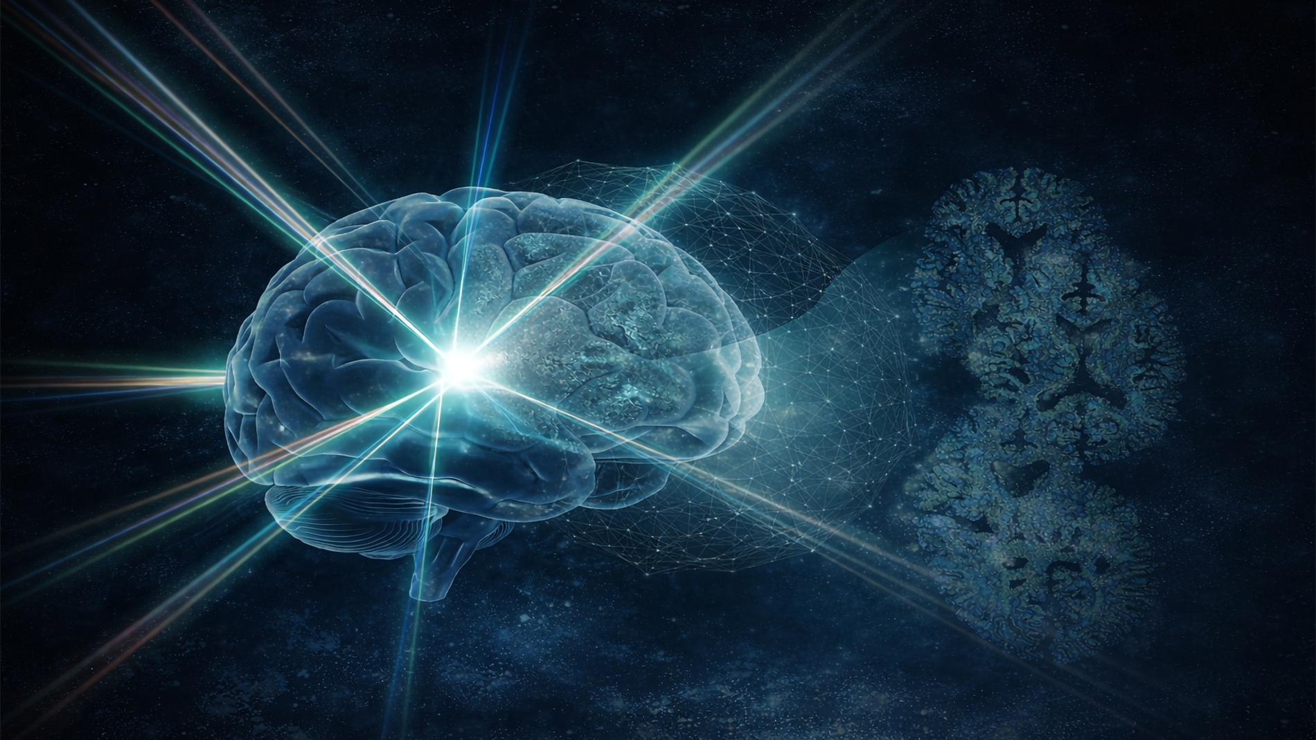 Light enters. The brain gives back its secrets in color — not the colors of anatomy, but of chemistry itself, molecular and unasked.