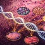 A DNA double helix threads through the landscape of living tissue, its branches reaching toward the organs that age on their own clocks — muscle, brain, liver, fat. The body does not grow old all at once.