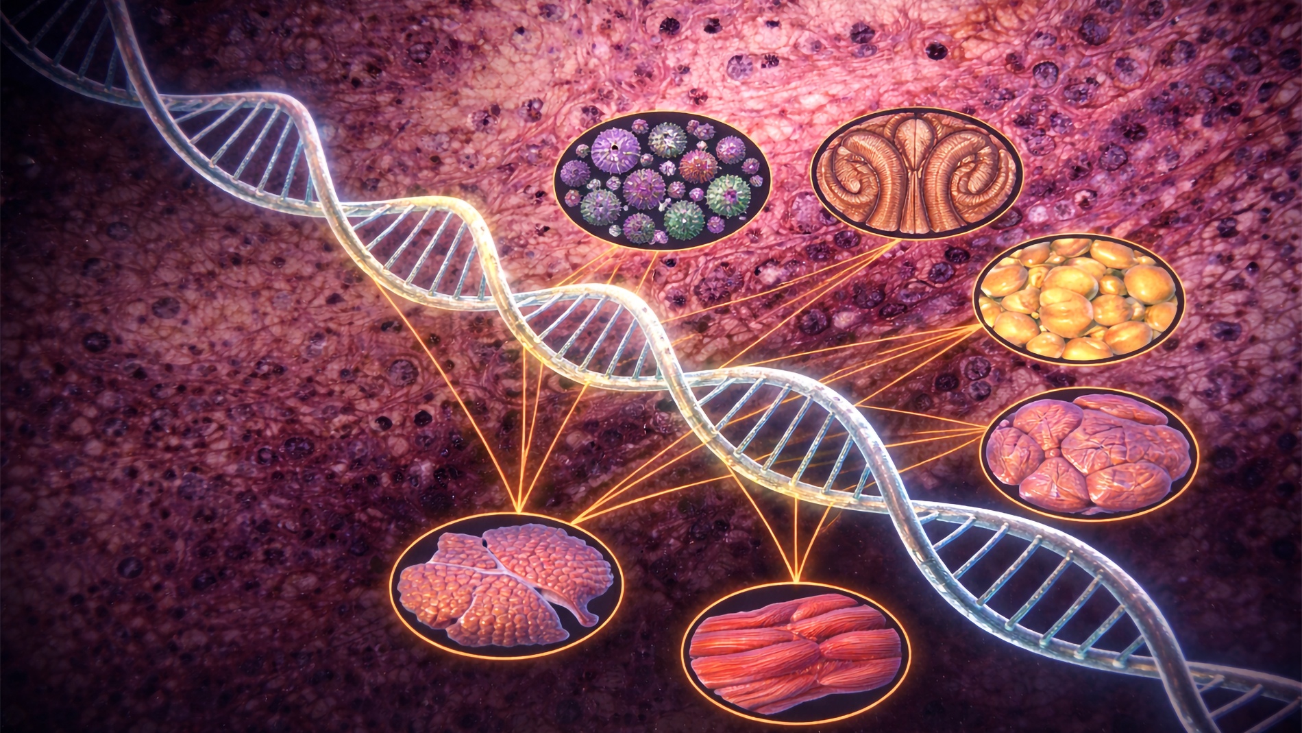 A DNA double helix threads through the landscape of living tissue, its branches reaching toward the organs that age on their own clocks — muscle, brain, liver, fat. The body does not grow old all at once.