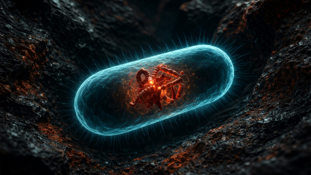 Inside a living bacterium, a reconstructed nitrogenase enzyme — its iron-sulfur backbone rendered in the rust-red of ancient metal — glows at the cell's core. The rock that cradles it is Archean. So is the molecule. Only the cell is new.