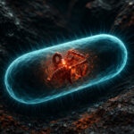 Inside a living bacterium, a reconstructed nitrogenase enzyme — its iron-sulfur backbone rendered in the rust-red of ancient metal — glows at the cell's core. The rock that cradles it is Archean. So is the molecule. Only the cell is new.
