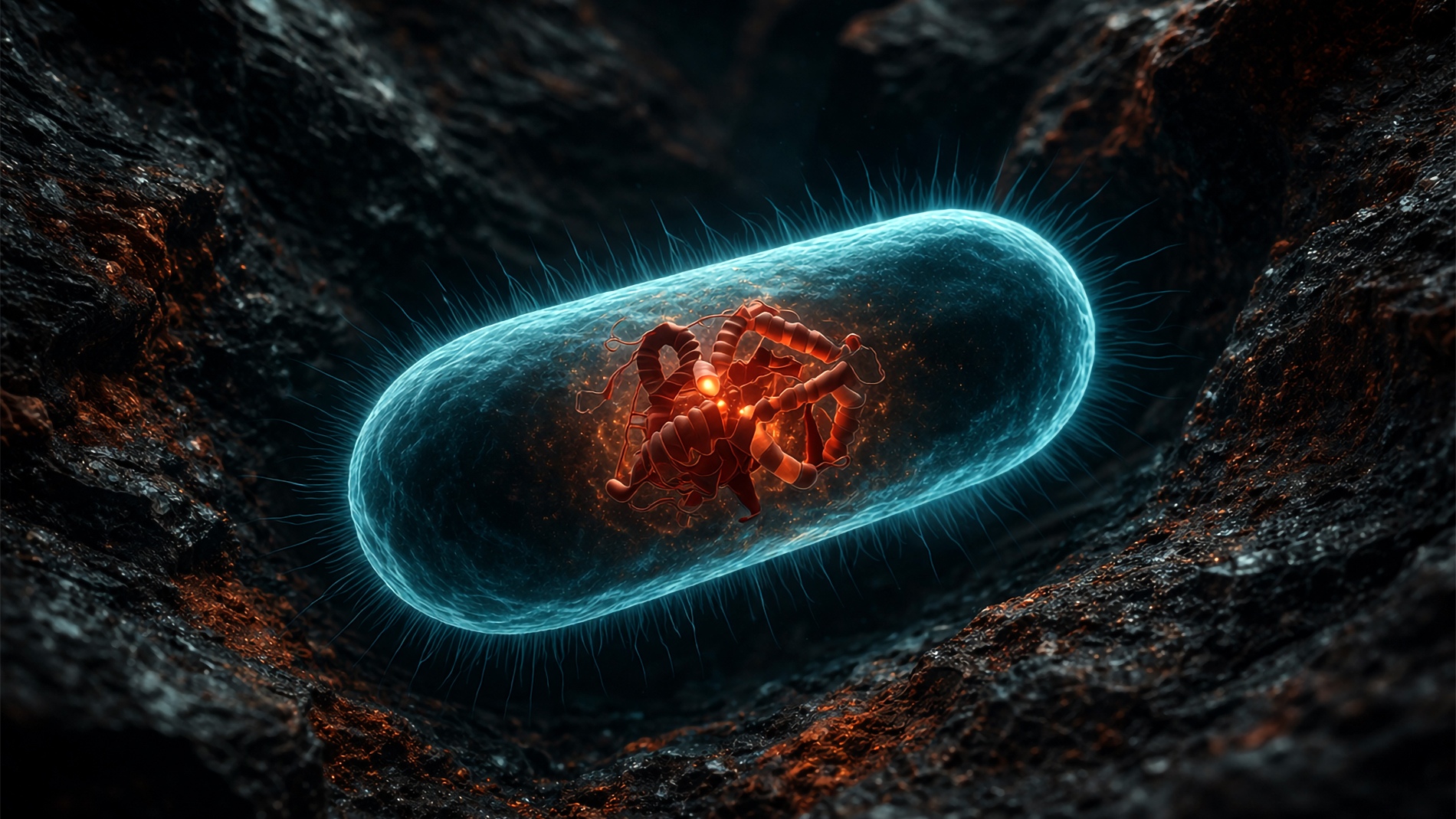 Inside a living bacterium, a reconstructed nitrogenase enzyme — its iron-sulfur backbone rendered in the rust-red of ancient metal — glows at the cell's core. The rock that cradles it is Archean. So is the molecule. Only the cell is new.