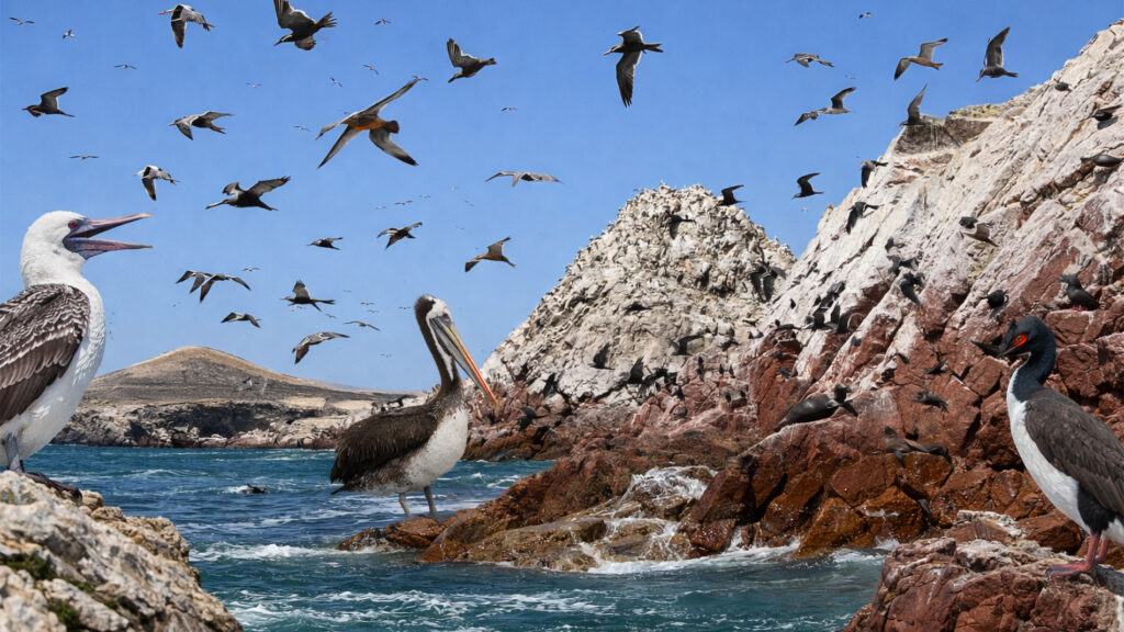 The Islas Ballestas off the coast of the Chincha and Pisco valleys, home to the primary guano-producing bird species of the region: Peruvian booby (Sula variegata), Peruvian pelican (Pelecanus thagus), and Guanay cormorant (Leucocarbo bougainvilliorum).