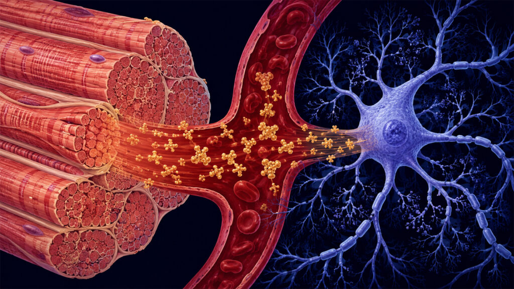 Skeletal muscle fibres secreting myokine proteins — represented in gold — into the bloodstream, where they travel to reach a hippocampal neuron. The illustration depicts the muscle-to-brain signalling pathway at the centre of Cathepsin B research.