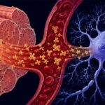 Skeletal muscle fibres secreting myokine proteins — represented in gold — into the bloodstream, where they travel to reach a hippocampal neuron. The illustration depicts the muscle-to-brain signalling pathway at the centre of Cathepsin B research.