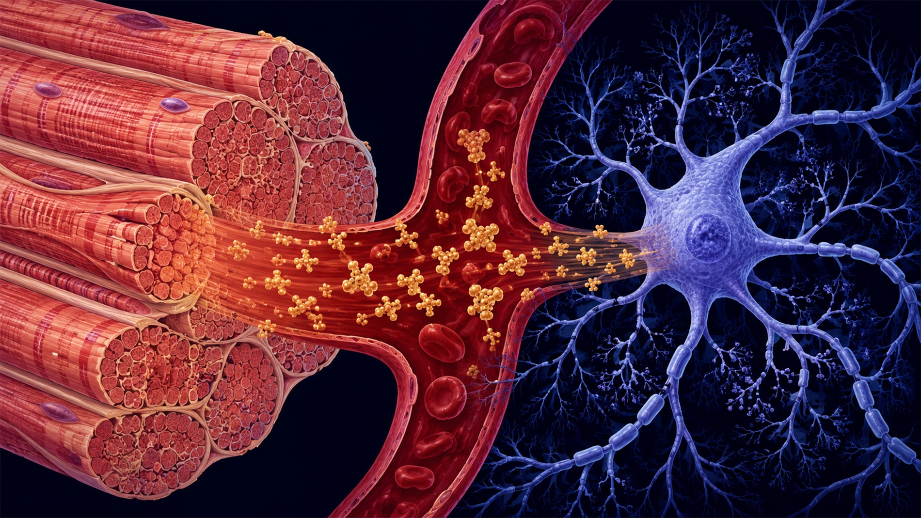 Skeletal muscle fibres secreting myokine proteins — represented in gold — into the bloodstream, where they travel to reach a hippocampal neuron. The illustration depicts the muscle-to-brain signalling pathway at the centre of Cathepsin B research.