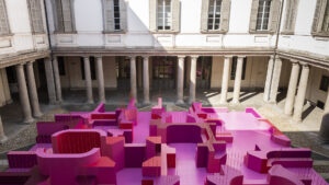 Metamorphosis in Motion, Lina Ghotmeh — Architecture. View of the full installation in the Cortile d'Onore, Palazzo Litta, Milan Design Week 2026.