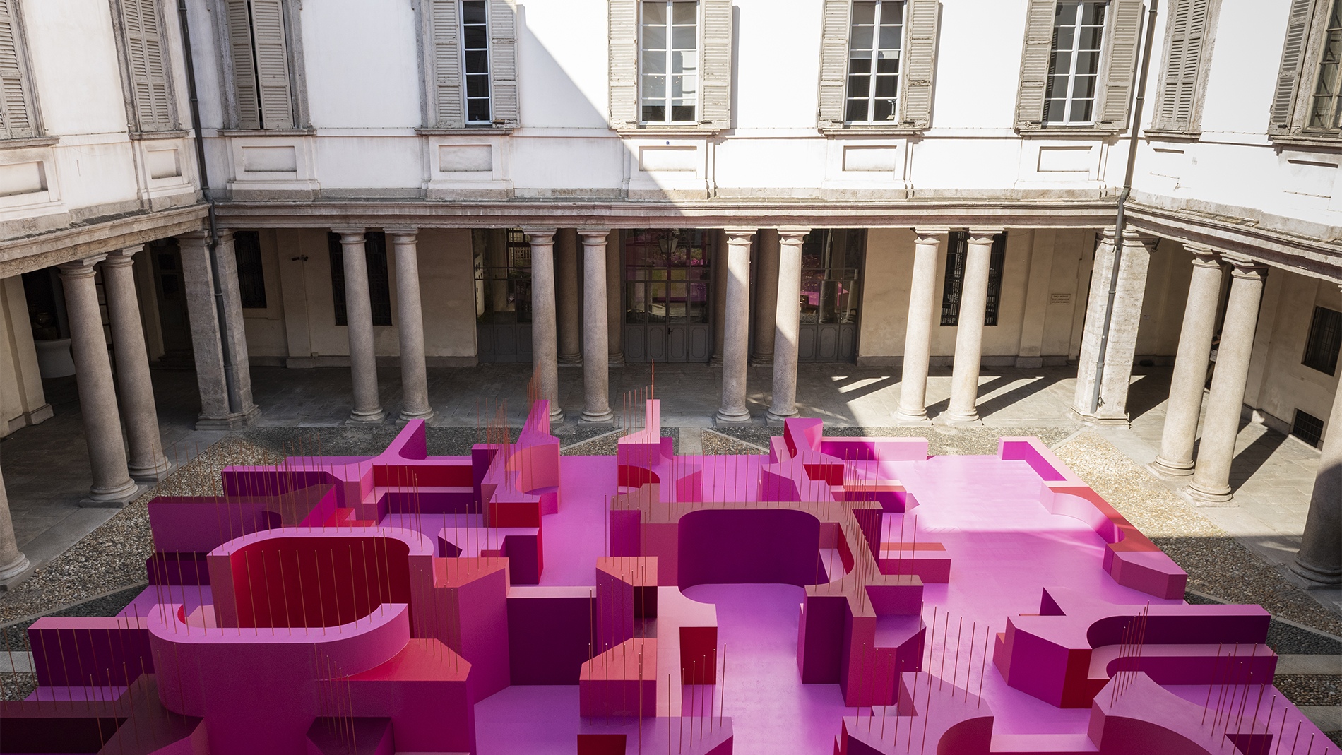 Metamorphosis in Motion, Lina Ghotmeh — Architecture. View of the full installation in the Cortile d'Onore, Palazzo Litta, Milan Design Week 2026.
