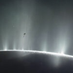Artist's impression of the Cassini spacecraft flying through the ice plumes of Enceladus, Saturn's moon