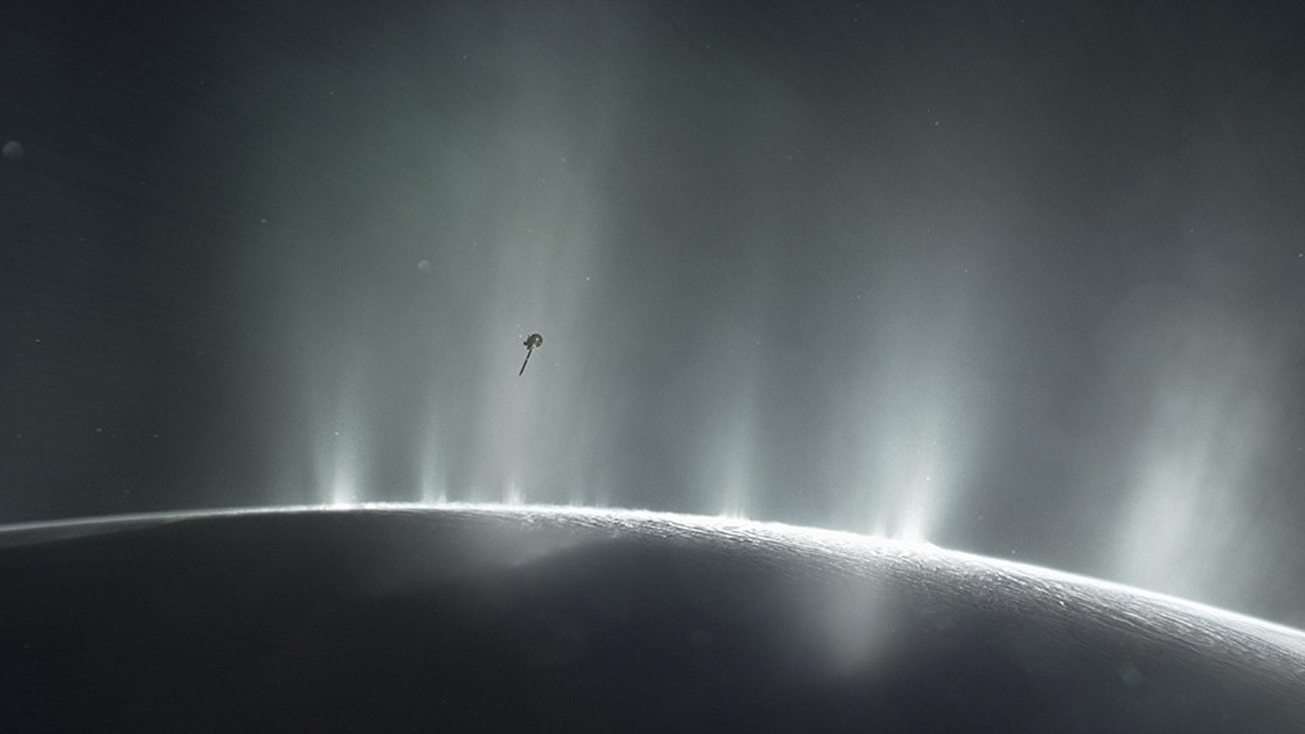 Artist's impression of the Cassini spacecraft flying through the ice plumes of Enceladus, Saturn's moon