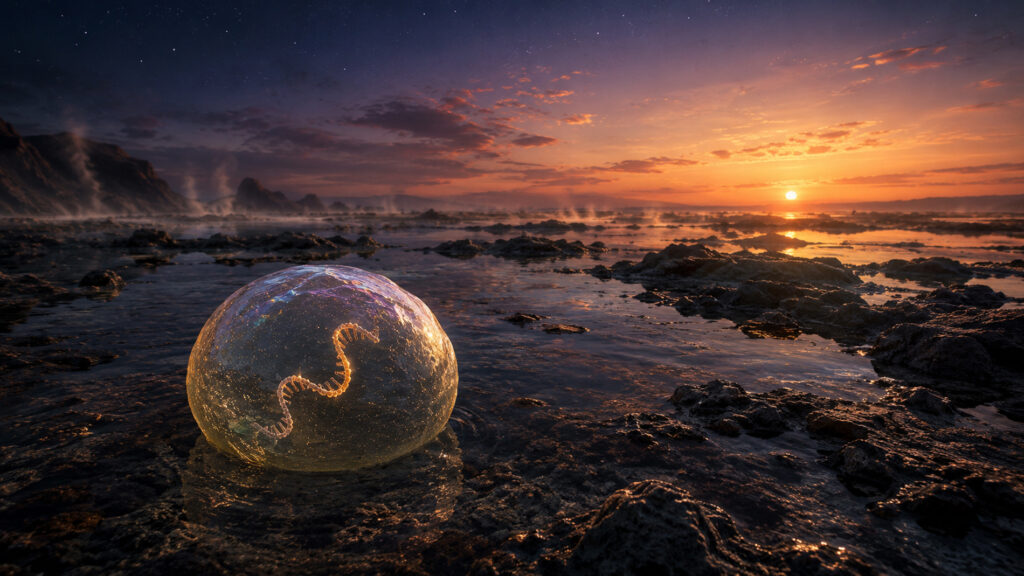 A protocell drifts in the shallow, mineral-rich waters of the early Earth, some four billion years ago, its fatty membrane enclosing a single curling strand of RNA.