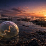 A protocell drifts in the shallow, mineral-rich waters of the early Earth, some four billion years ago, its fatty membrane enclosing a single curling strand of RNA.
