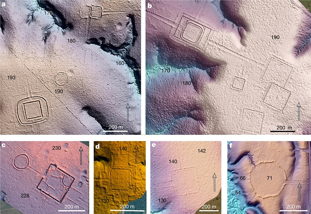LiDAR terrain models showing diverse geometric earthworks across the Aquiry region