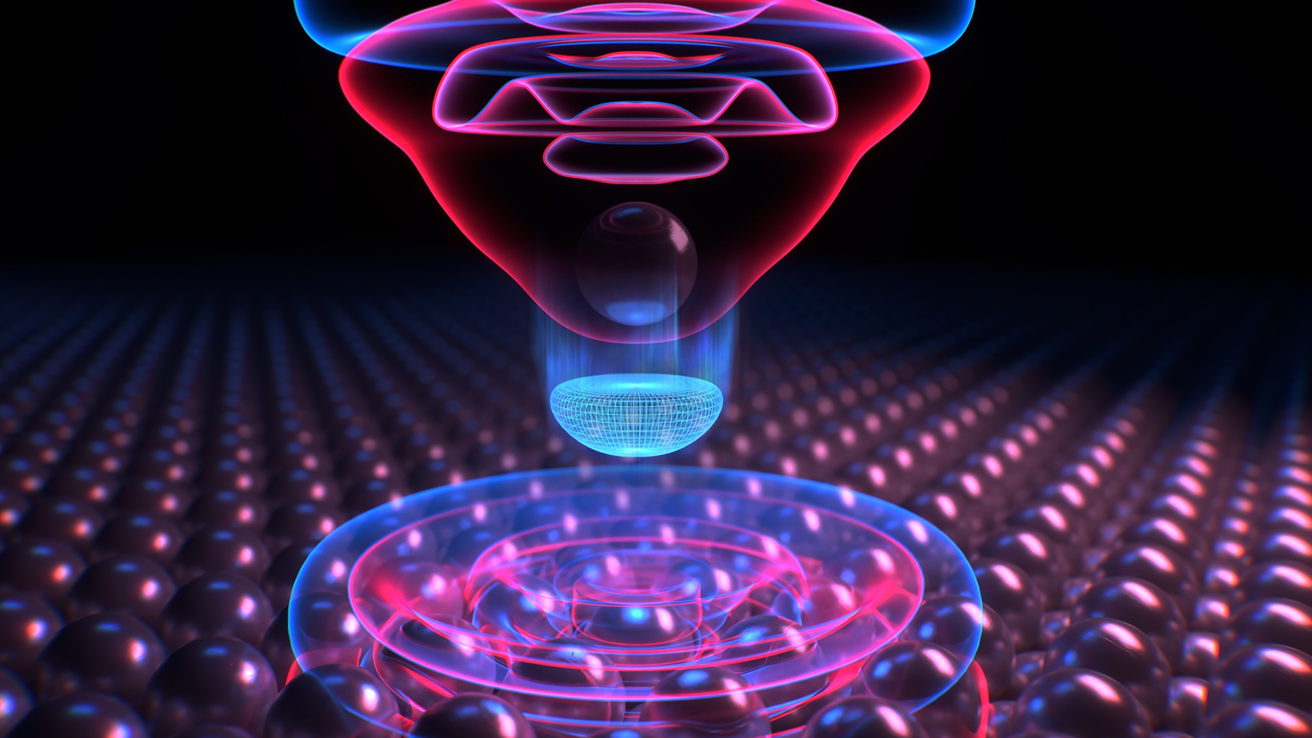 A visualization of the electron wave packet's response to a pulse of light, illustrating the space-time tradeoff described in the study.