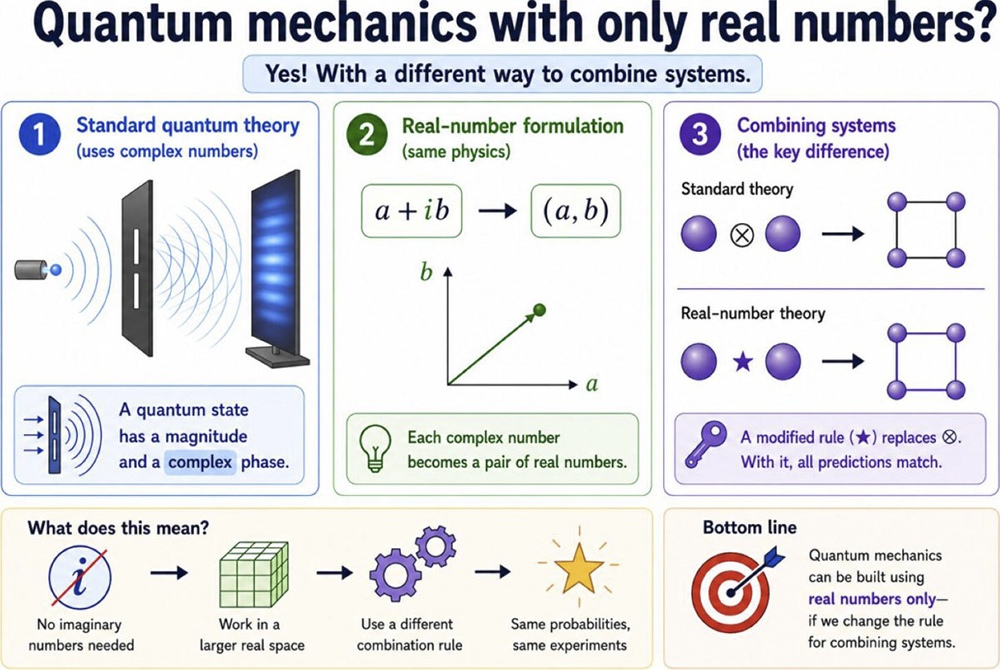 Explanatory diagram showing the research question of whether quantum mechanics is possible using only real numbers