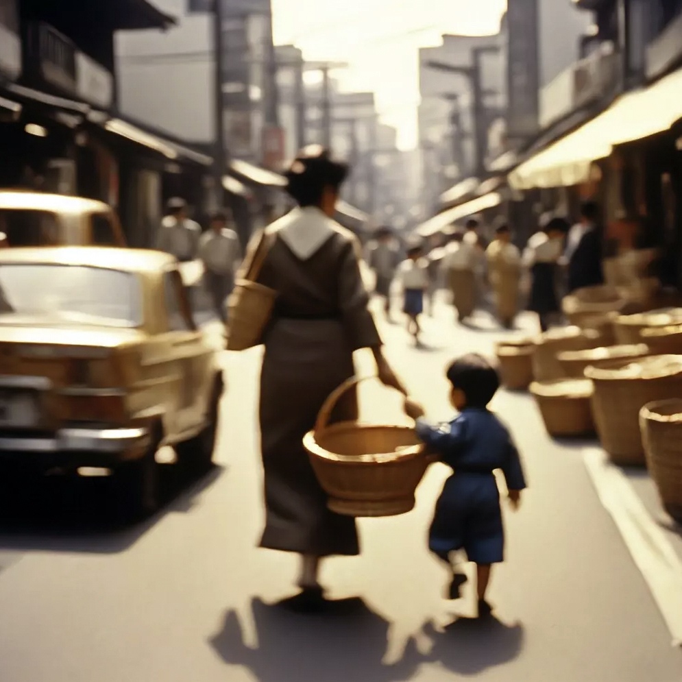 AI reconstruction of Akao holding his mother’s grocery basket in Tokyo