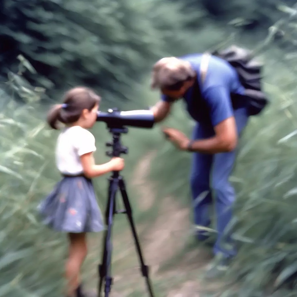 AI reconstruction of Stefanie watching birds with her father in a forest