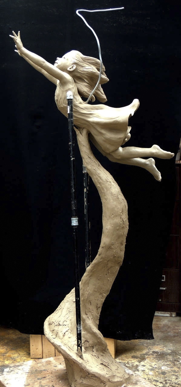 Lift Her with Butterflies in clay, on its pipe armature, before the butterflies were added.