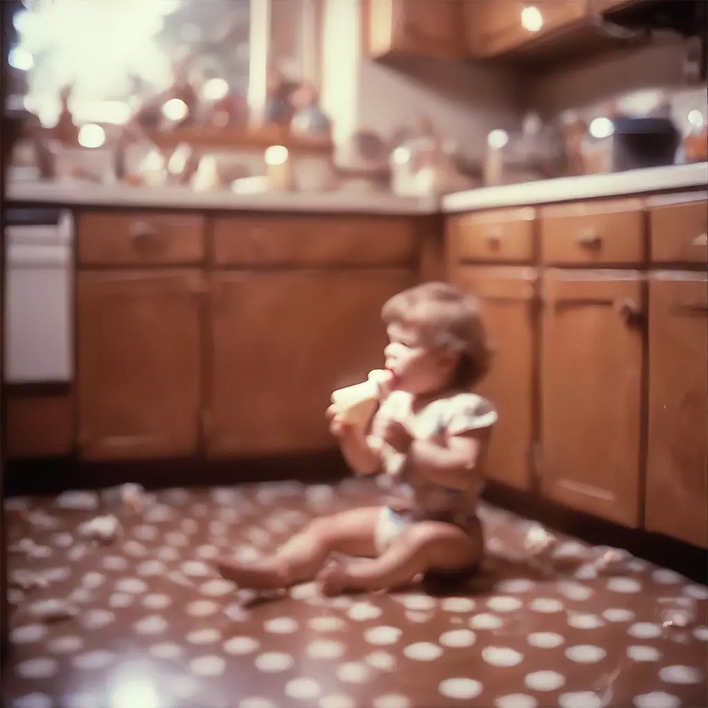 AI reconstruction of Cijaye as a toddler eating vanilla ice cream on her grandparents’ kitchen floor in California