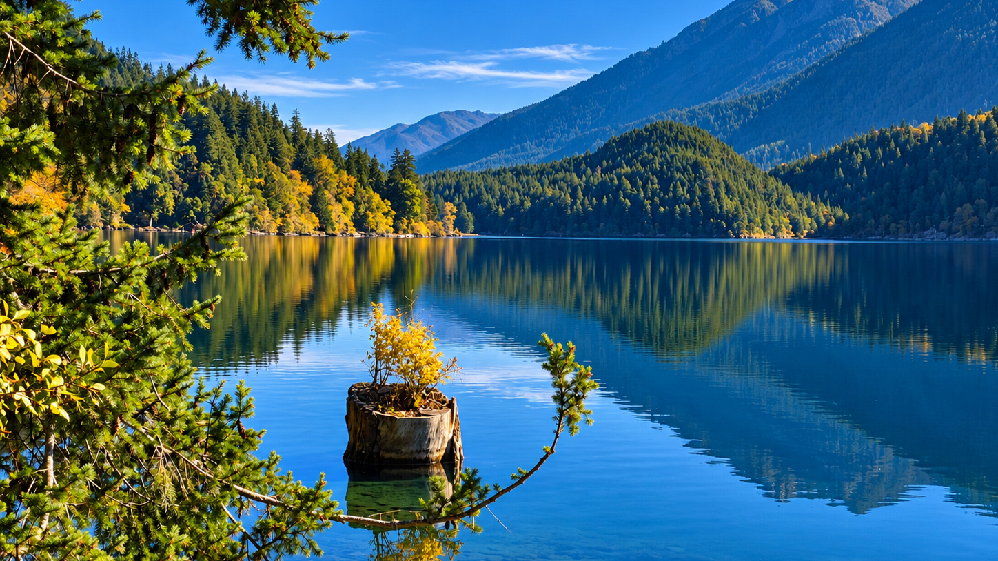 An old tree stump with yellow autumn growth rising from the clear water of Lake Crescent, framed by evergreen branches, with forested mountains reflected under a blue sky